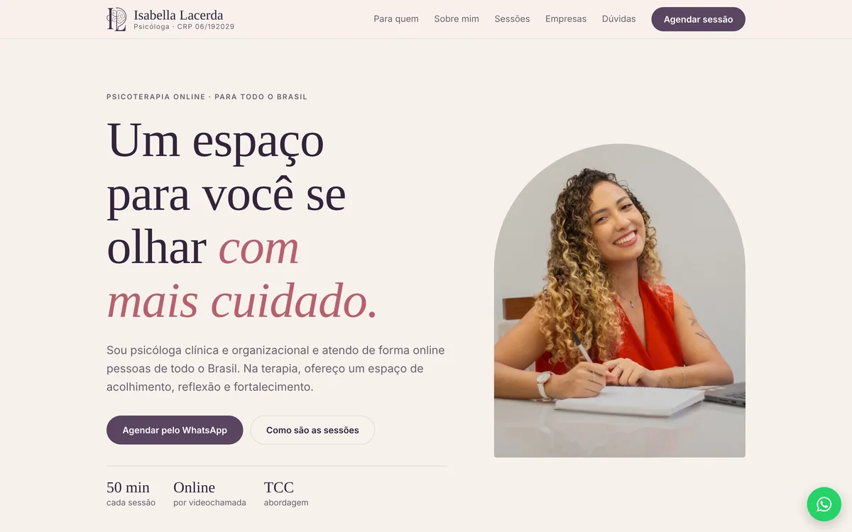 Página inicial do site da psicóloga Isabella Lacerda no computador