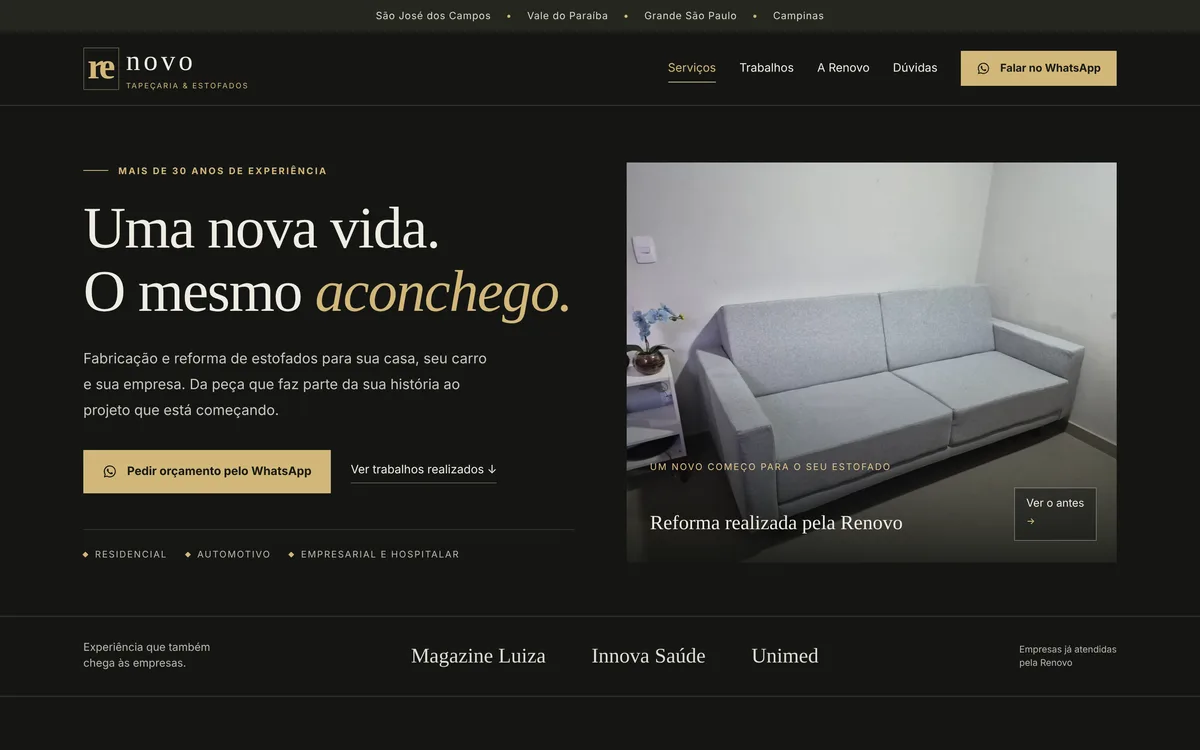 Página inicial do site da Renovo Tapeçaria e Estofados no computador