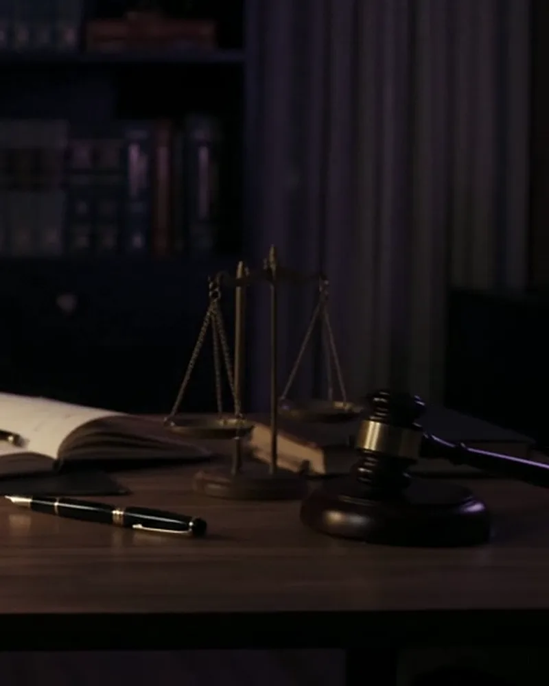 Balança da justiça e martelo sobre a mesa de um escritório de advocacia