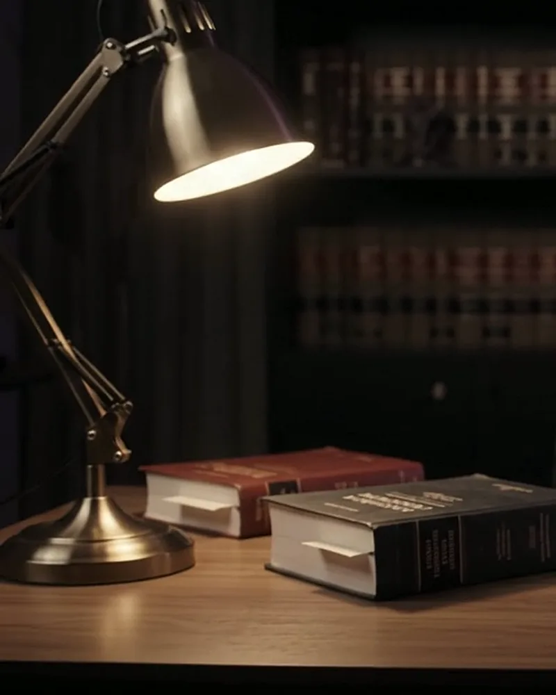 Luminária acesa sobre livros de Direito na mesa do escritório